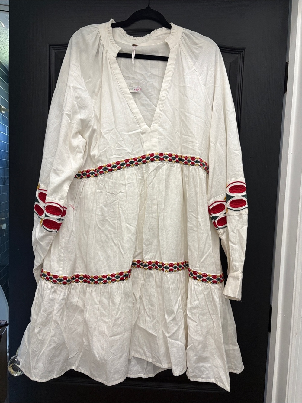 Free People White Tiered Dress with Red Embroidered Trim
